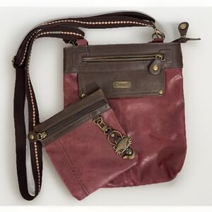 Chala Burgundy 2pc Crossbody Lot Vegan Leather Gemini & Mini Purse Fox Charm